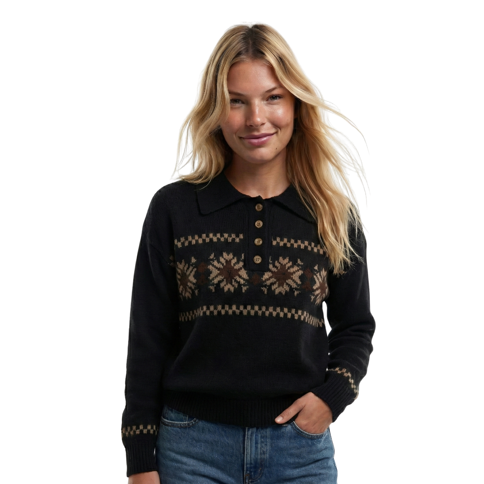 Womens Fall Polo Jacquard Sweater