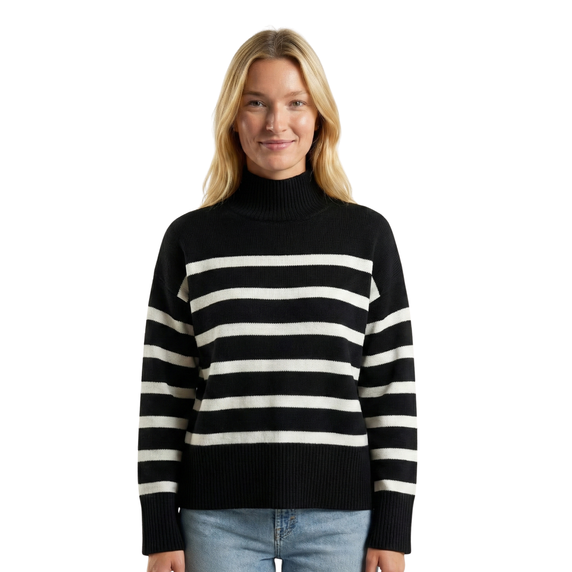 Womens Striped Mock Neck Sweater