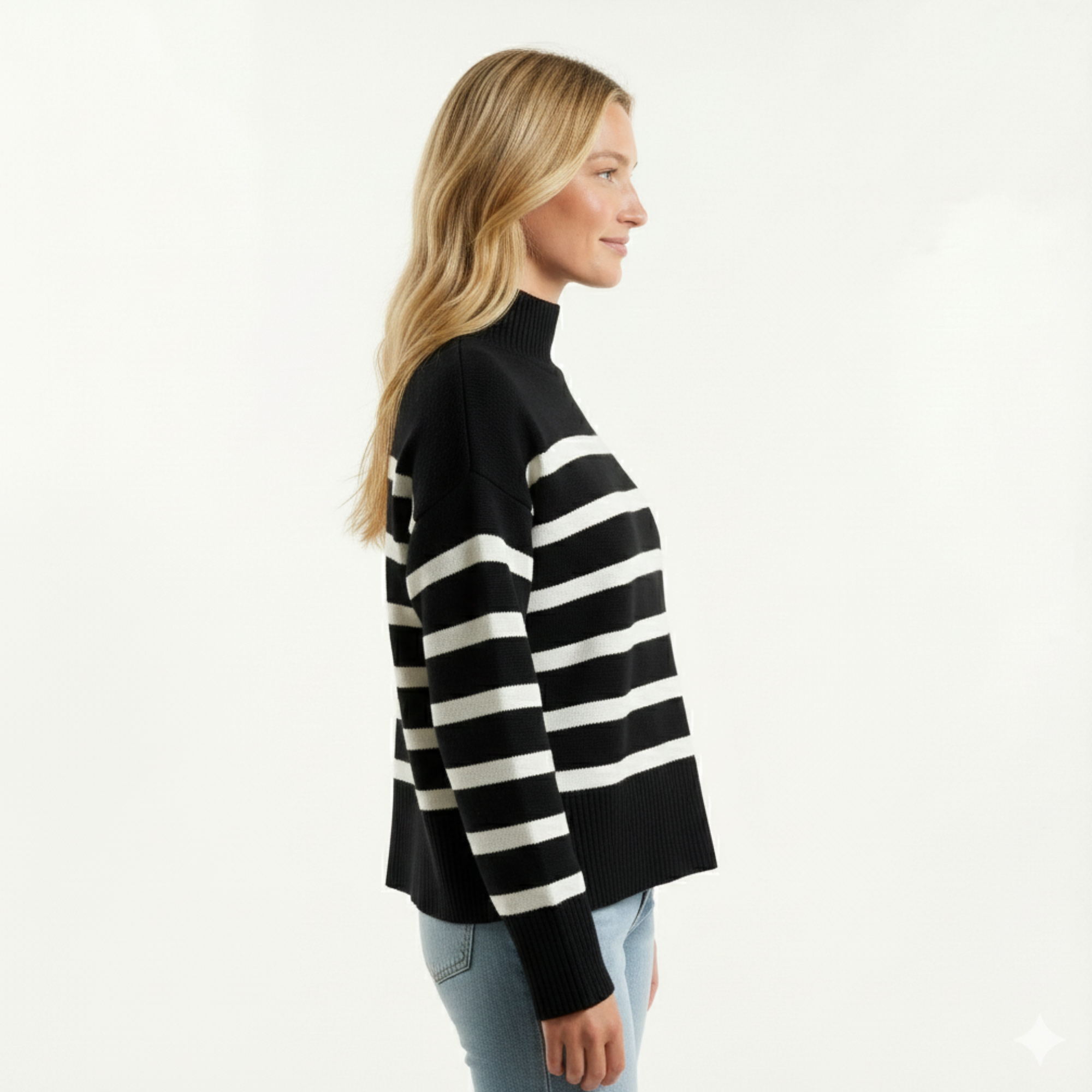 Womens Striped Mock Neck Sweater