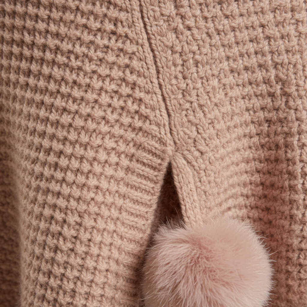 Women Knit Pom Pom Poncho