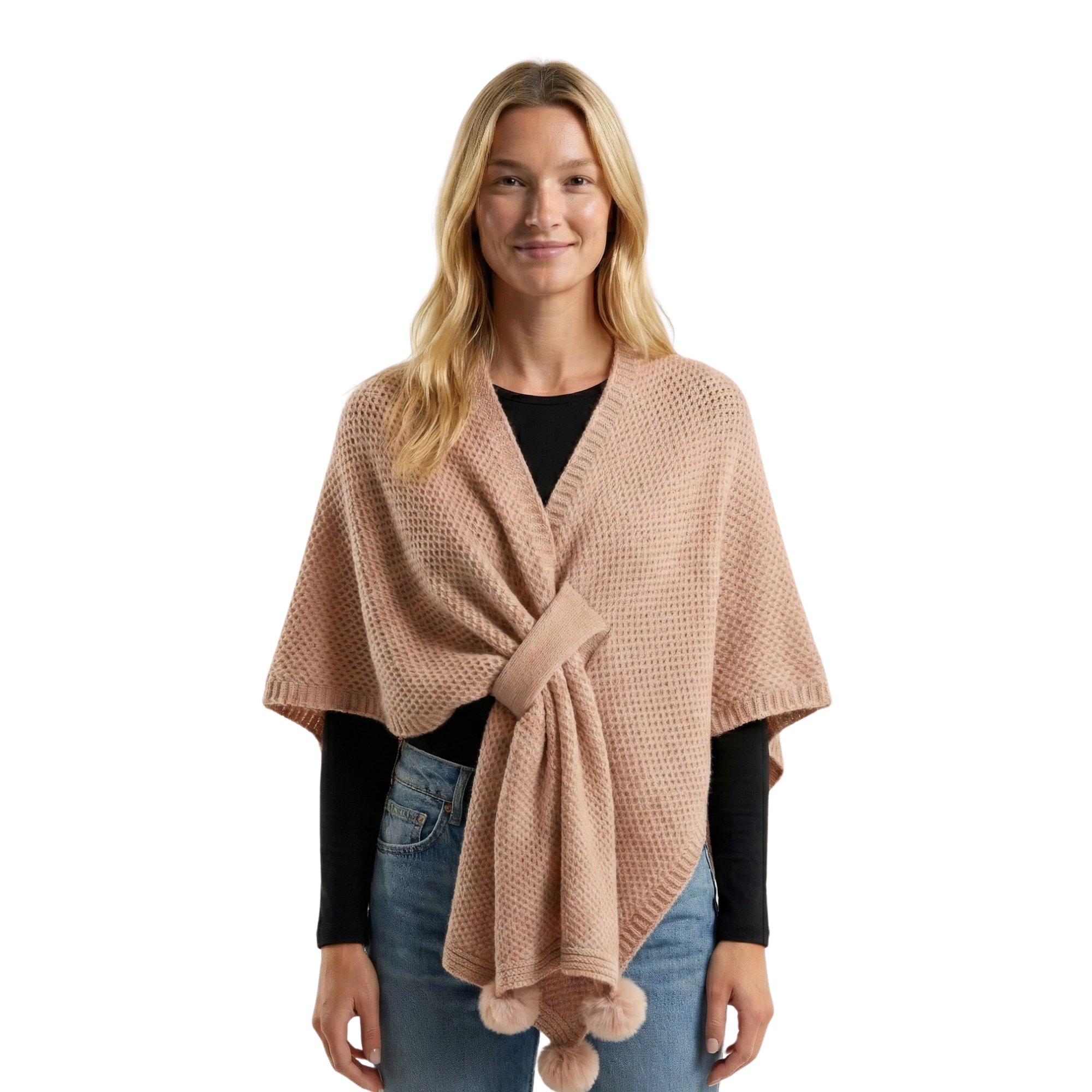 Women Knit Pom Pom Poncho