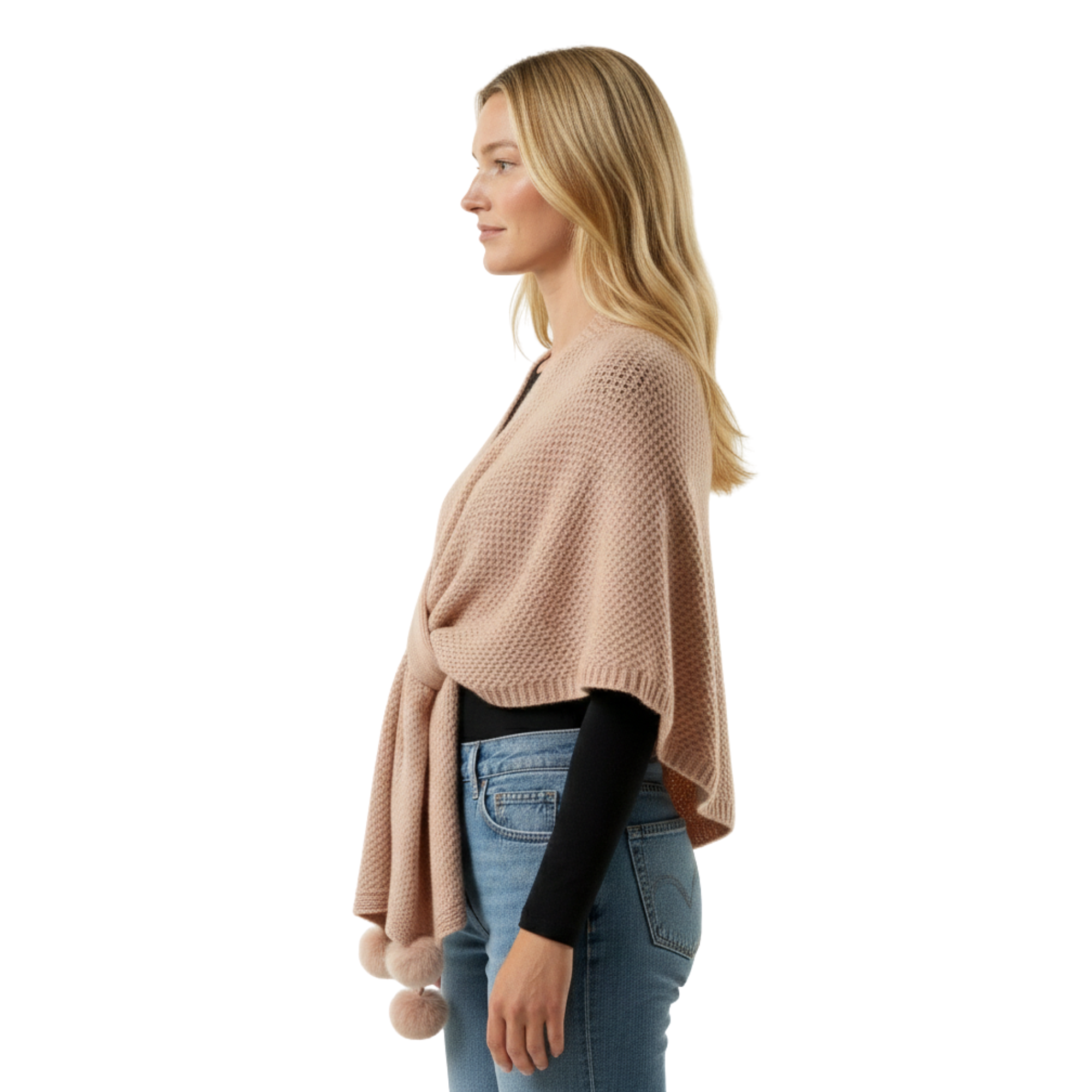 Women Knit Pom Pom Poncho