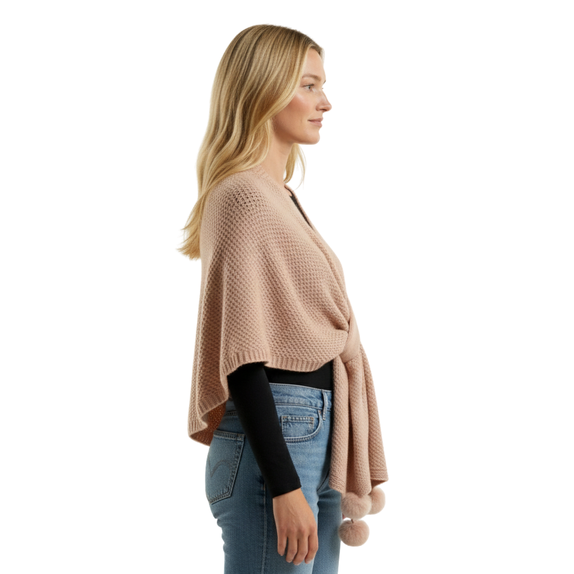 Women Knit Pom Pom Poncho