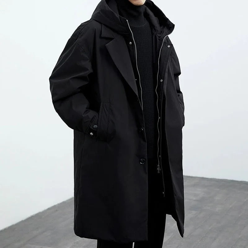 Men's Long Waterproof Puffer Trench Coat with Hood